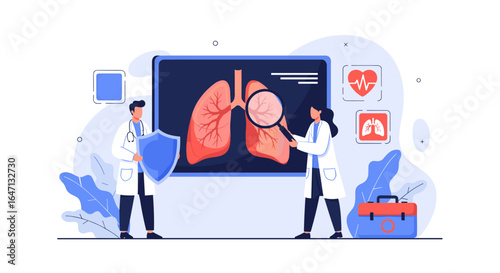 Medical professionals examining lungs on a digital screen with health icons