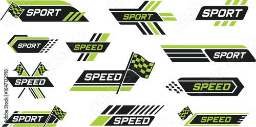 Dynamic racing sport speed emblems with checkered flags and modern design