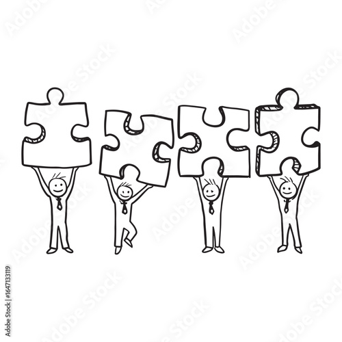 Sketch of little people connecting puzzle pieces, a hand-drawn cartoon illustration about teamwork, collaboration, and business solutions.
