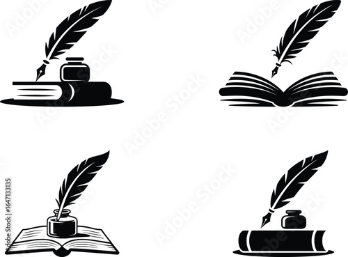 Vintage quill pen and inkwell icons set for writing and education