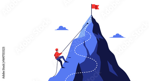 A climber ascends a challenging mountain peak towards a flag representing success
