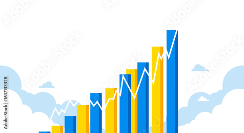 Visualizing financial growth trends through upward trending bar charts and line graphs