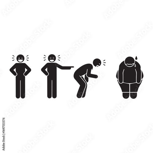 Bullying icon showing people laughing and pointing at a sad, overweight man. Symbol of body shaming, fat shaming, and social cruelty.
