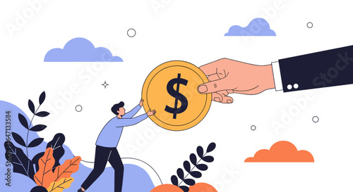 Person pushing coin towards outstretched hand helping with financial support concept