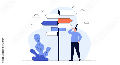 Man standing before multiple directional signs making difficult decisions