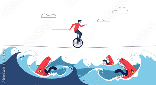 Man balances on unicycle over dangerously rough seas with sharks