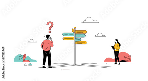 Navigating uncertainty two people facing conflicting directions symbolizing decision making