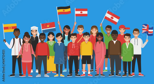 A diverse group of people from different countries stands together holding their national flags.
