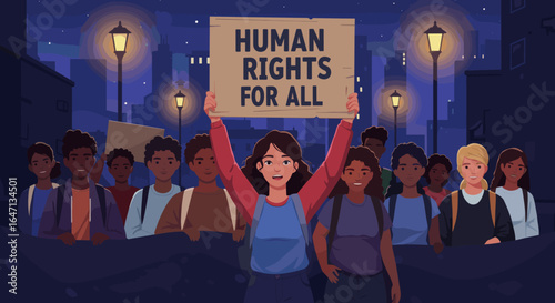 A determined woman holds a "Justice for All" sign at the front of a large nighttime protest