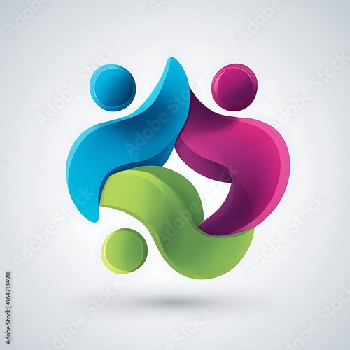 Abstract colorful 3d logo representing teamwork and unity with stylized figures and spheres isolated on white background