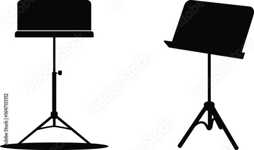 Two silhouetted music stands on a white background