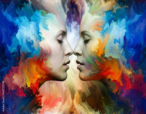 Conceptual illustration of human duality and self-reflection shown through colorful abstract energy