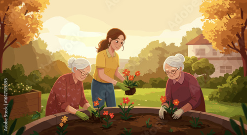 Three women of different ages work together in a garden, planting flowers on a sunny day.