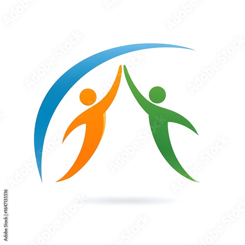 Two stylized figures in orange and green giving each other a high five under a blue arc isolated on white background