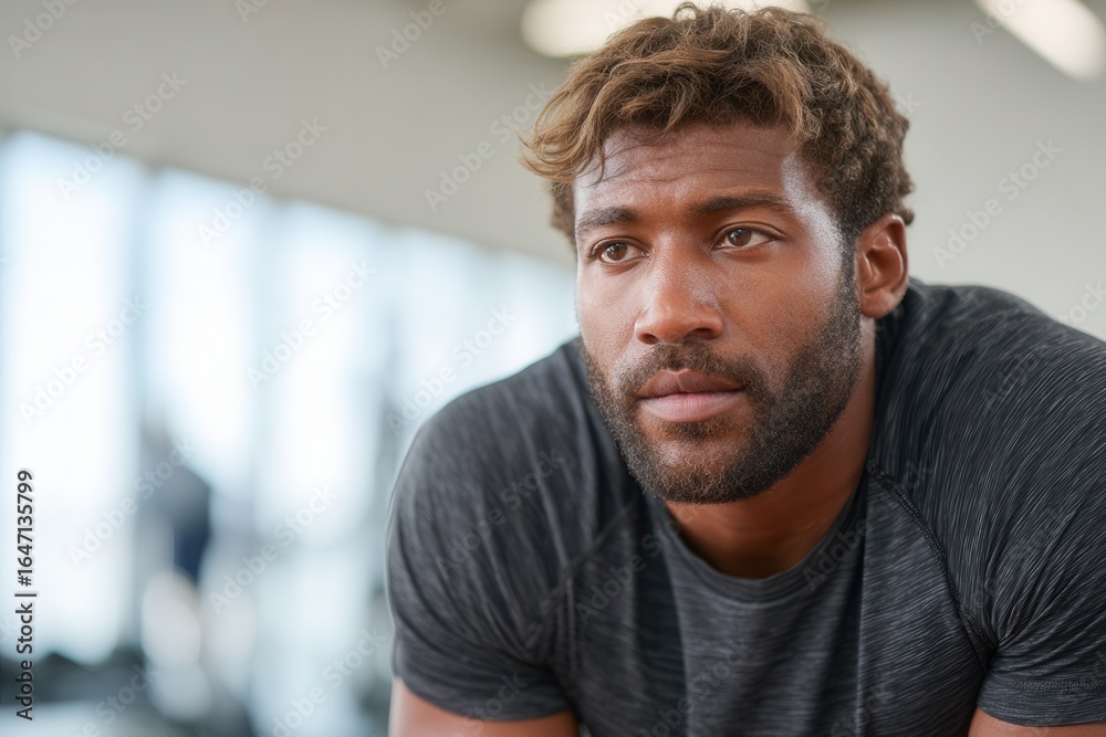 Obraz premium A thoughtful man with a beard in a gym setting, reflecting on his fitness goals. The atmosphere is motivational and energetic, ideal for health-related themes.