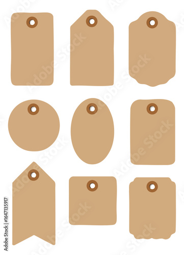 Brown Paper Tag Collection, Isolated Background. Various Shape Blank Label Design Set