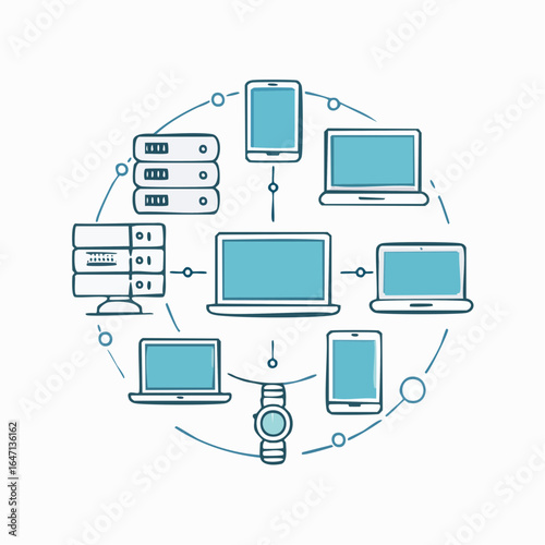 Minimalist vector icon set of technology devices like laptop, desktop, smartphone, tablet, server, and smart watch, in flat line art sty