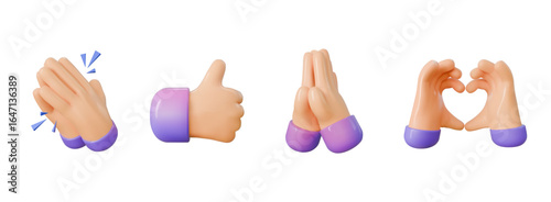 3d hand render gestures different emotions like, folded, Clapping and heart Hands icon