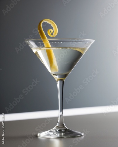 Vesper cocktail elegantly presented in a slender martini glass, with a graceful lemon twist garnish, set against a sleek dark grey background, softly illuminated to highlight crystal clarity, golden c