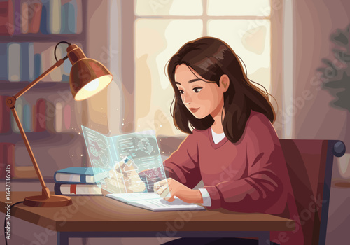 A young woman studies late at night, writing notes from a glowing holographic display.