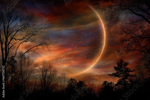 Silhouetted trees frame a fiery sunset/moon
