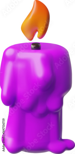 Burning purple candle with dripping or flowing wax 3D plastic style vector, glowing lit paraffin candle with fire flame