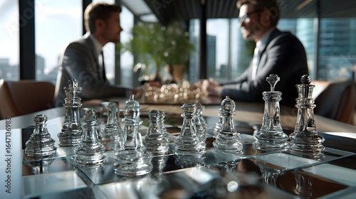 Two Businessmen Engaged in Strategic Chess Game in Modern Boardroom with City View