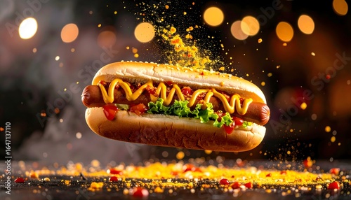 Hot Dog with Mustard Ketchup Lettuce in Baguette Bun with Colorful Sprinkles and Bokeh Lights