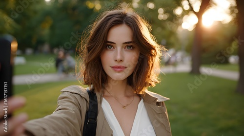 Young Woman Taking Selfie in a Park During Sunset with Glowing Natural Background