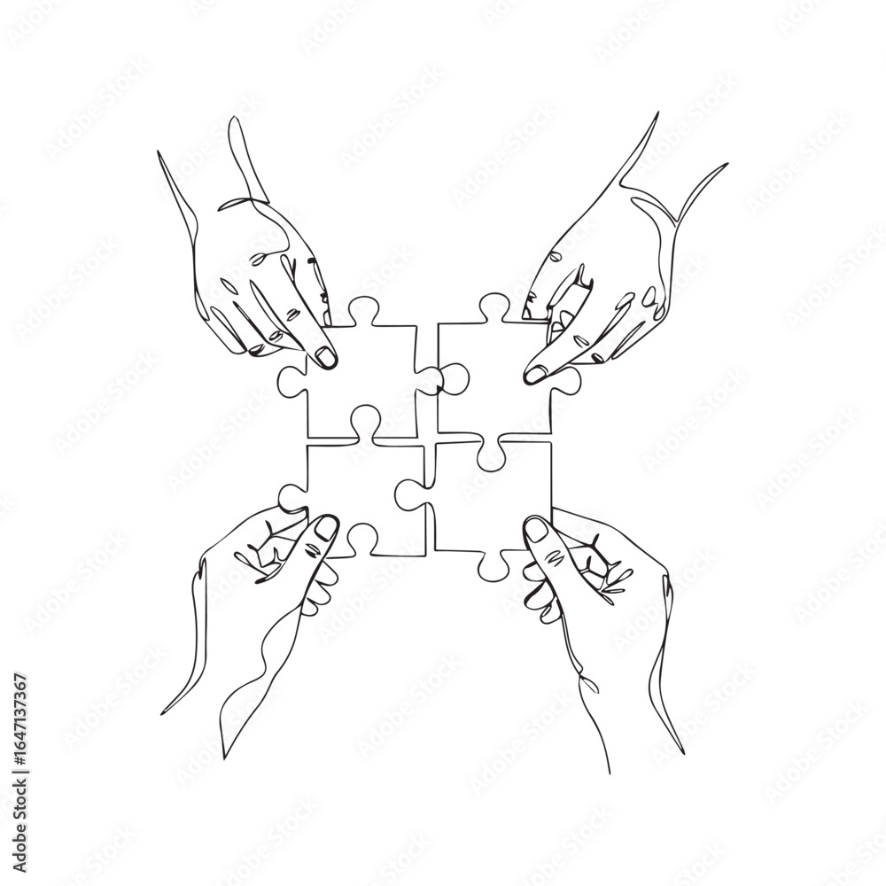 Obraz premium Continuous one line drawing of four hands joining puzzle pieces. Teamwork, collaboration, and business solution concept. Minimalist vector illustration. 