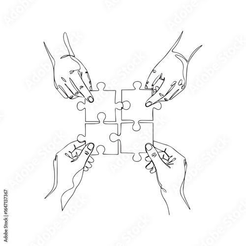 Continuous one line drawing of four hands joining puzzle pieces. Teamwork, collaboration, and business solution concept. Minimalist vector illustration.
