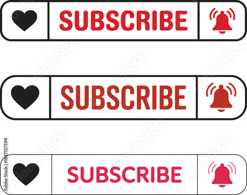 Collection of three youtube subscribe buttons with bell notification icons