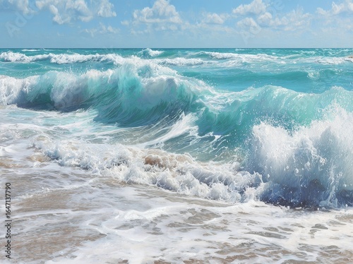 Turquoise waves crash on sandy shore, vibrant blue sea