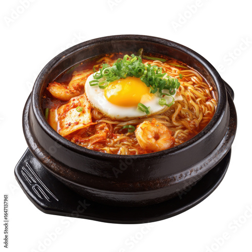 Delicious Korean Ramen with Egg and Shrimp in Stone Bowl