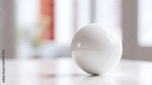 A single smooth and glossy white sphere resting on a clean white surface with soft natural daylight filtering in from a blurred window in the background creating a serene and minimalist composition