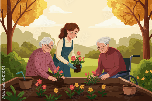 Four people clean up litter in a park, collecting trash into recycling bags.