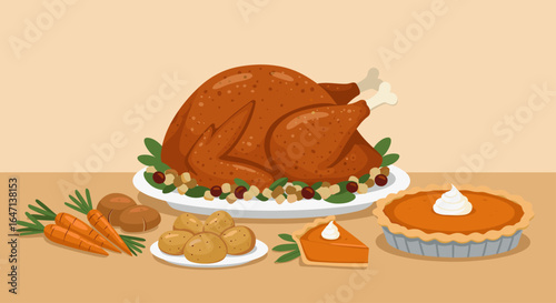 A thanksgiving feast with turkey pie and other side dishes