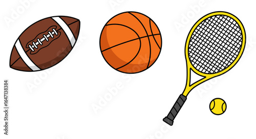 A cartoon image of various sports equipment on white background