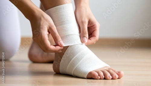 Close-up of hands wrapping elastic bandage on injured ankle indoors - personal injury care and recovery concept