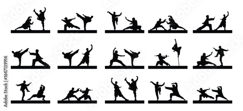 kung fu battle silhouettes vector illustration set