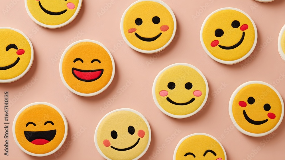 Colorful Smiley Face Cookies on a Soft Pink Background Representing Joy and Happiness Colorful Smiley Face Cookies on a Soft Pink Background Representing Joy and Happiness