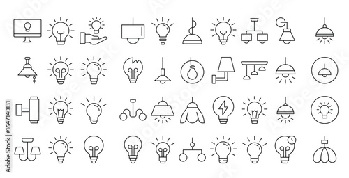 Light Bulbs, Lamps, Chandeliers Thin Icons Collection. Editable Stroke. Suitable for Web Sites, Books, Cards, Apps