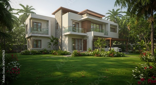 Modern bungalow with lush landscaping in India showcasing modern elegance