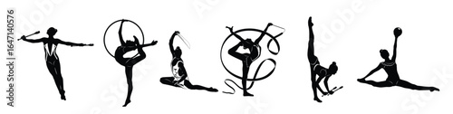 rhythmic gymnastics silhouettes set isolated on white women