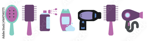 hair salon icons set hairbrush shampoo hair dryer combs