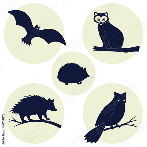 Dark silhouettes of nocturnal animals in circular frames against pale yellow raccoon hedgehog