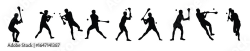 set of dynamic hurling player silhouettes with hurley stick.