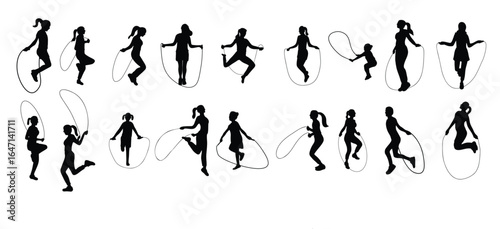 Set of illustration silhouette woman jumping rope