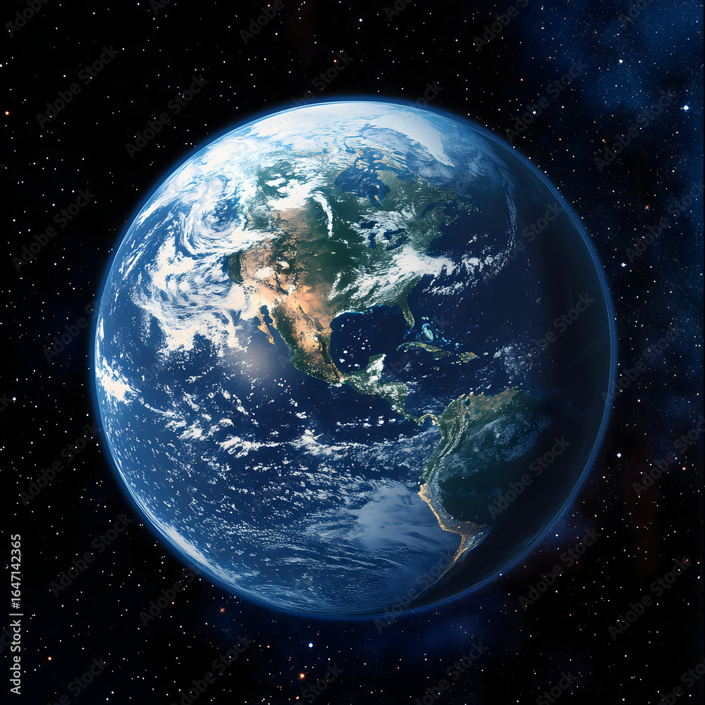 Naklejka premium A detailed view of Earth from space, showing North and South America, against a dark, star-filled cosmic background.