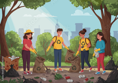 Four people clean up litter in a park, collecting trash into recycling bags.